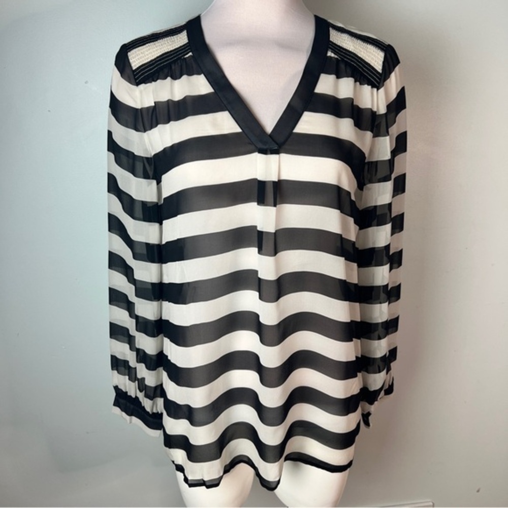 Brooks Brothers Black White Striped Silk Blouse Size 10 Sheer V Neck